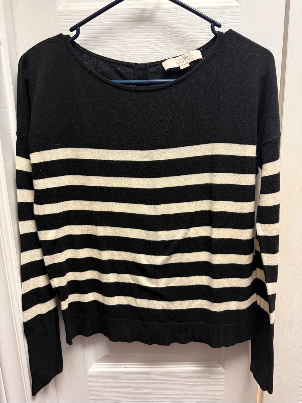 LOFT Black and Cream Striped Crewneck Sweater